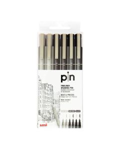 Uni Pin Fineliner Drawing Pen Set of 6 - Grey & Black