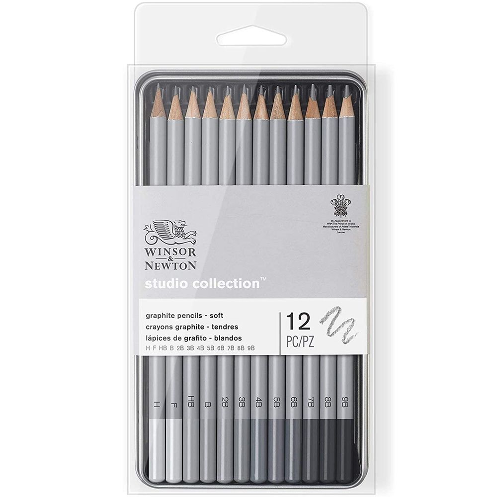 Winsor & Newton Studio Collection Graphite & Charcoal Pencil Sets,
12-Piece Graphite Soft Tin Set